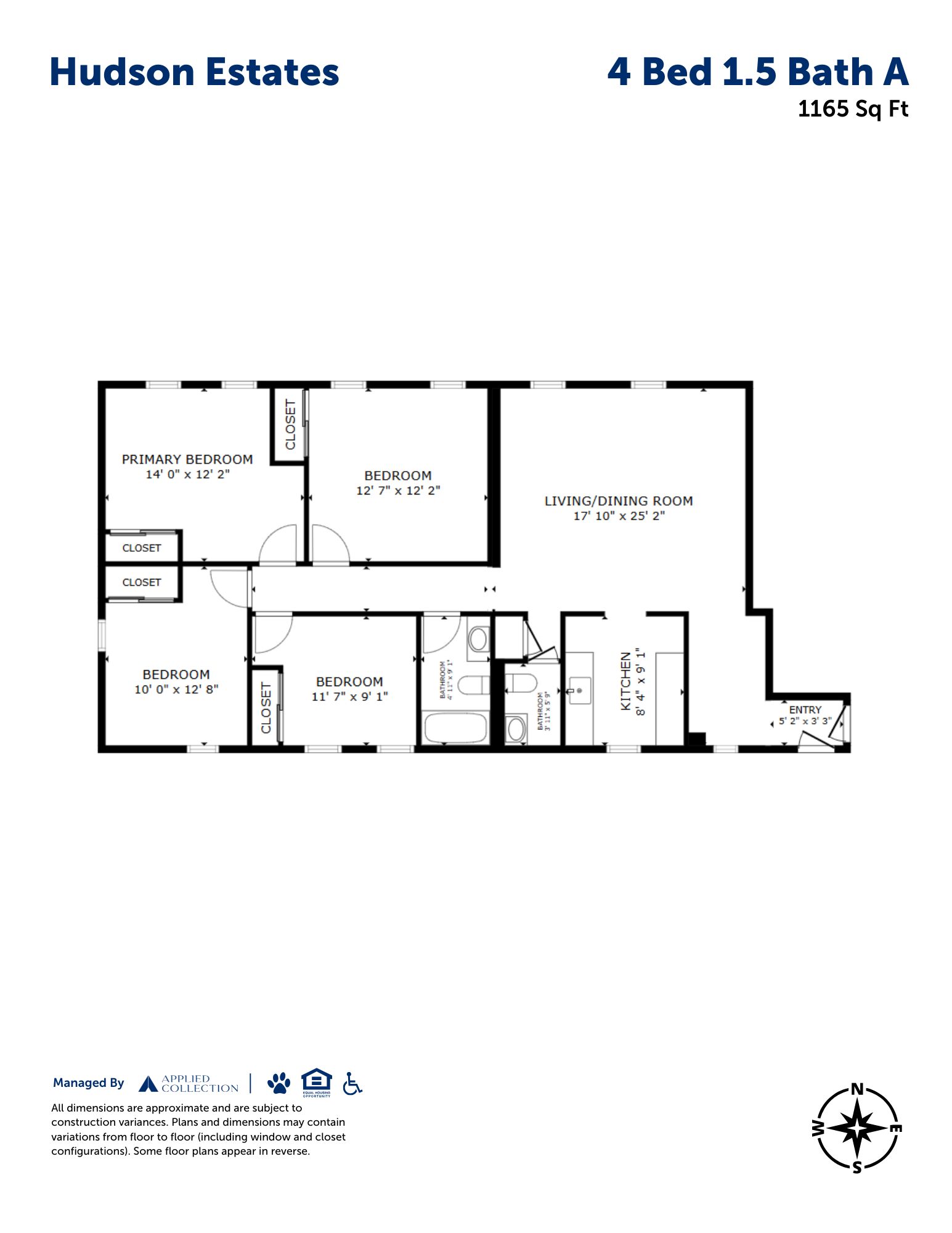 Floor plan for 4 beds, 1.5 baths, 1165 sqft